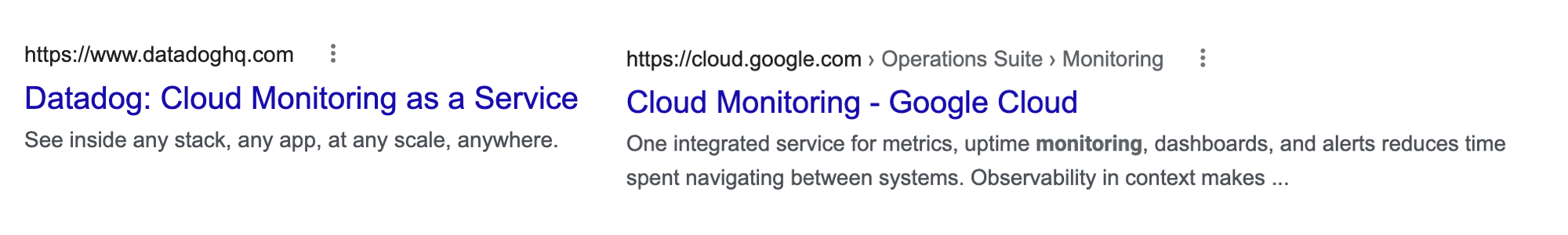 Comparison of Google Search results for Datadog and Google Cloud