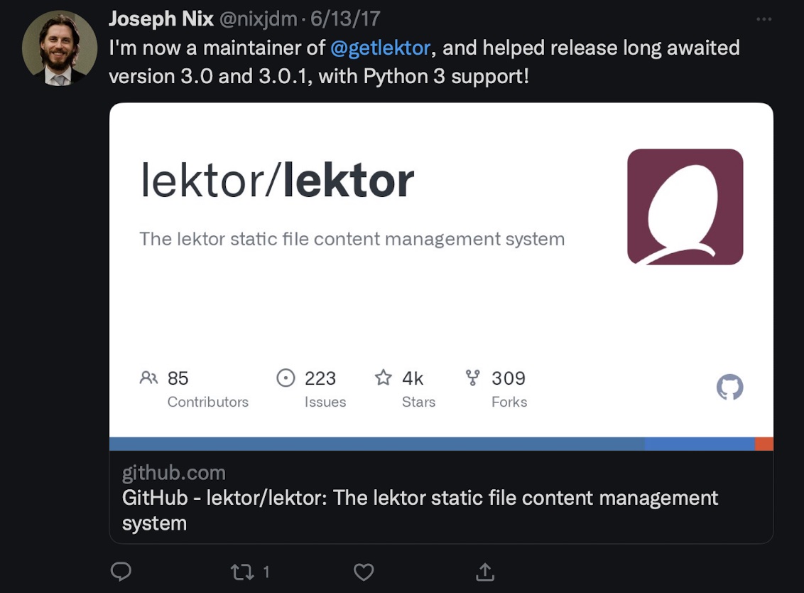 Screenshot of a Tweet by @nixjdm, Lektor maintainer, linking to the Lektor GitHub repo, with a dynamically generated preview image