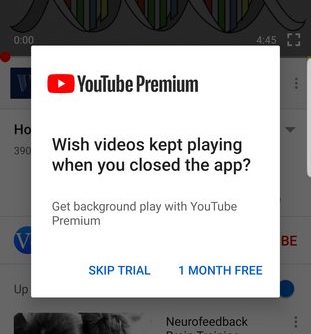 YouTube premium popup in the Android YouTube app